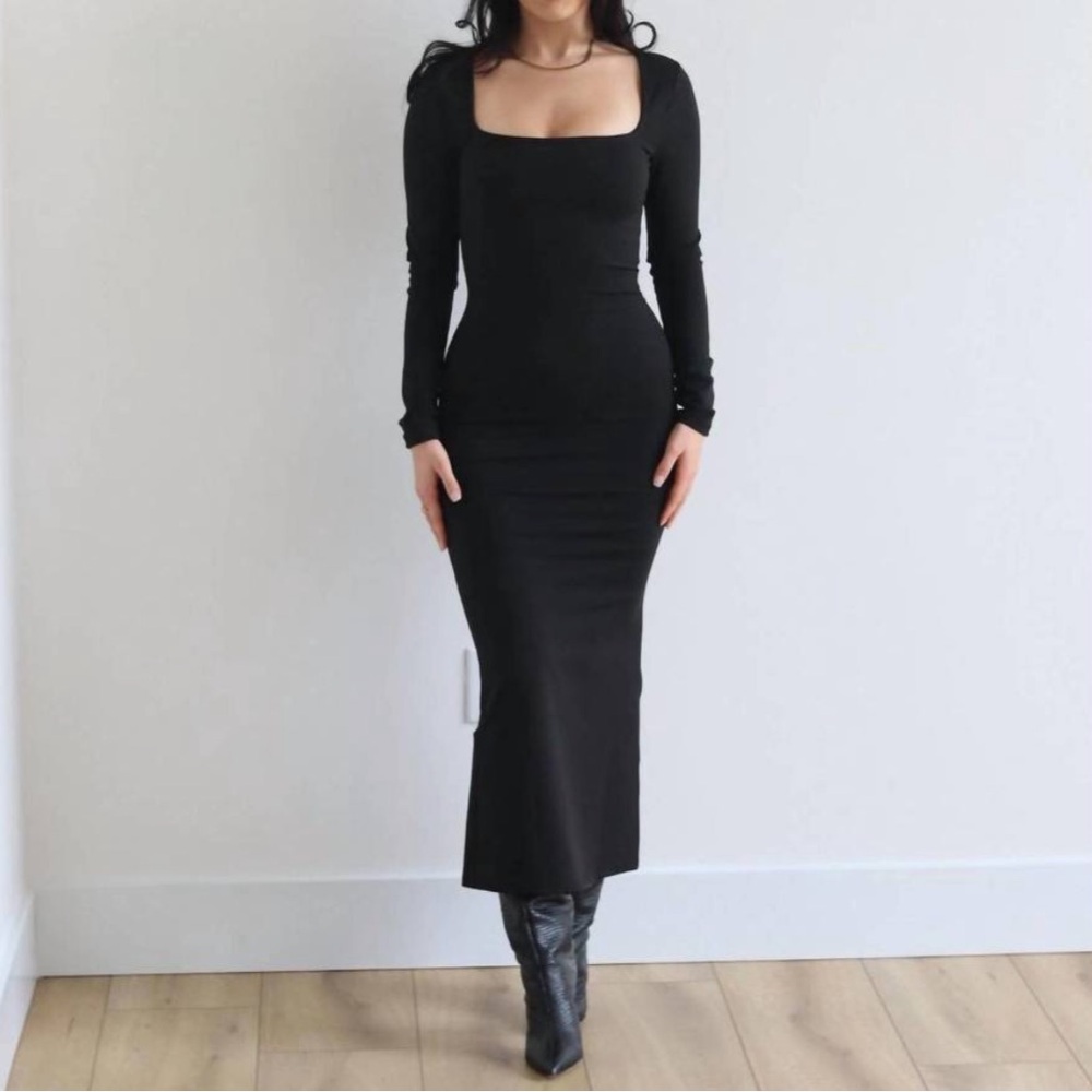 SALTY Brand Women's size Large Black Square Neck Midi Length BodyCon Dress